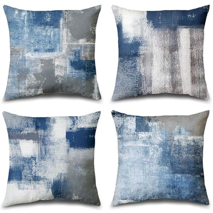 Set of 4 Blue and Grey Abstract Art Artwork Pillow Cover 18 x 18 Inch, Gallery Modern Decorative Throw Pillows Cushion Cover for Bedroom Sofa Living Room | Double-sided vibrant artwork accent cushion covers. Perfect decorative pillows for couch, sofa, bed