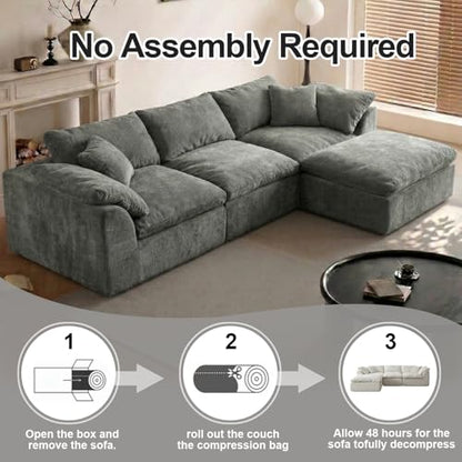 Cloud Couch Sectional for Living Room, Modular L Shaped Boneless Sofa with Chaise, Compressed No Assembly Couch, Deep Seat Chenille Upholstered Convertible Sofa Bed (Grey) - color: Grey
