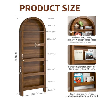 Narrow Tall Wall Mounted Bookshelf for Living Room Bedroom (Brown) - color: Brown