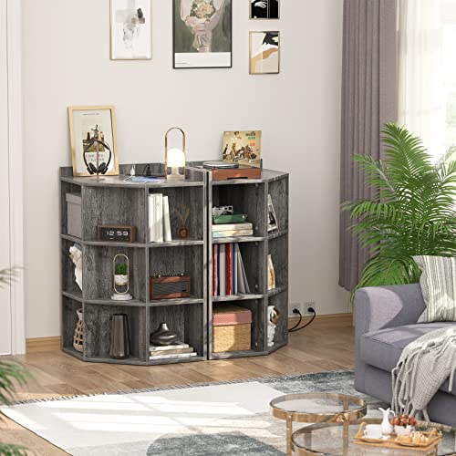 Aheaplus Corner Cabinet, Corner Storage with USB Ports and Outlets, Corner Cube Toy Storage for Small Space, Wooden Cubby Bookshelf with 9 Cubes for Playroom, Bedroom, Living Room, Grey Oak - color: Black Oak, size: 4-Tier