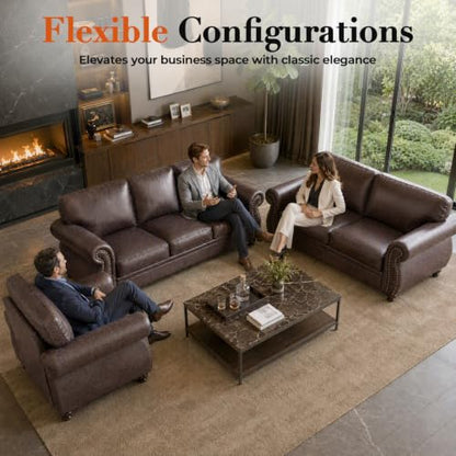 88" W Living Room Furniture Sets, 3-Seater&2 Single, Brown | Faux Leather Fabric Sofa and Couch Sets, Mid-Century 3-Seater Sofa Set with Nailhead Trim - color: Brown, size: L-5 seat