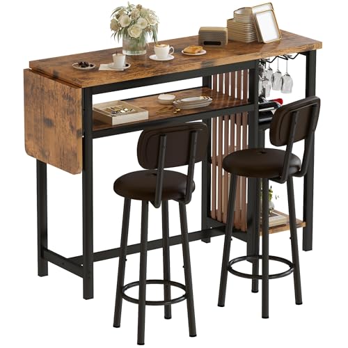 Recaceik Bar Dining Table Set, 59" Expandable Kitchen Counter Height Dining Table Set with Storage Shelves, Cup Holder & Wine Rack, PU Upholstered Stools Bar Table Set with Backrest for Kitchen - size: 59 inches