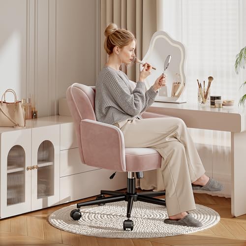 DurayLoly Vanity Chair with Shell Back & 360° Swivel Wheels | Comfy Velet Vanity Chair,Adjustable Height,Stylish and Comfortable for Makeup, Work & Relaxation,Pink - color: Pink