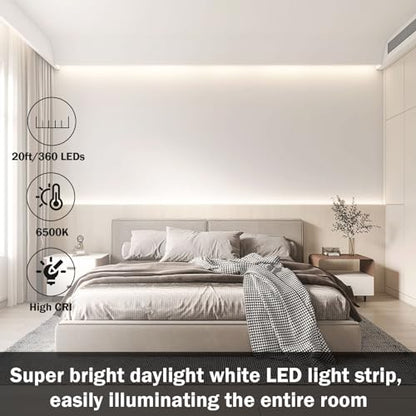 20ft White LED Strip Lights with Remote, 6500K Dimmable 12V LED Light Strip, 360 LEDs Flexible Cuttable Tape Lights for Bedroom Kitchen Cabinet Ceiling Lighting - size: 20ft-White Light Strip