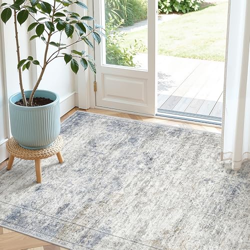 3x4 Rugs for Entryway,Washable Area Rug,Blue | Small Rug for Kitchen,Hallway,Bedroom,Bathroom,Thin,Soft, Neutral Rug,Stain Resistant Indoor Carpet,Non Slip - color: Blue/Brown/Ivory, size: 3' x 4' (Rectangular)