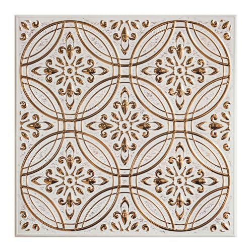 Peel and Stick Metal Tiles, Pastel Painted Gold, 10-Pack | 8 x 8 in tile size; Covers up to 4.44 sq ft; Aluminum; Water-resistant surface; For kitchens, ceilings, DIY projects - style: Pastel Painted Gold