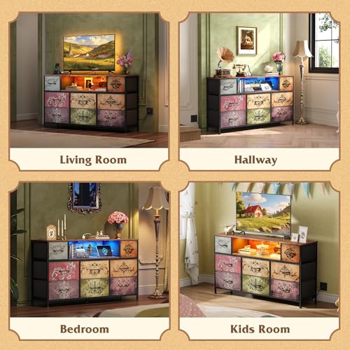 WLIVE LED Dresser TV Stand for 55 Inch TV, 8 Drawers, Pattern | Fits TVs up to 55 inch, 8 fabric drawers, LED chest of drawers, Built-in power outlet, Living room or bedroom - color: Pattern