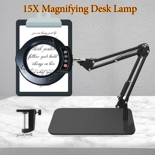 15X Magnifying Glass Desk Lamp, LED Desk Lamp with Base and Clamp, 5 Color Mode, 10 Stepless Dimmable, 84 Leds, 4.2" Diameter Real Glass Lens Magnifying Glass Lamp for Reading Close Work Repair Sewing