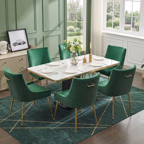 WUTUTUEE Velvet Dining Chairs Set of 6 Gold Legs,Upholstered Velvet Accent Chairs, Pleated Back Design & Gold Pull Handle, Mid Century Modern Chairs for Dining/Kitchen/Living Room,Green - color: Green, size: Set of 6