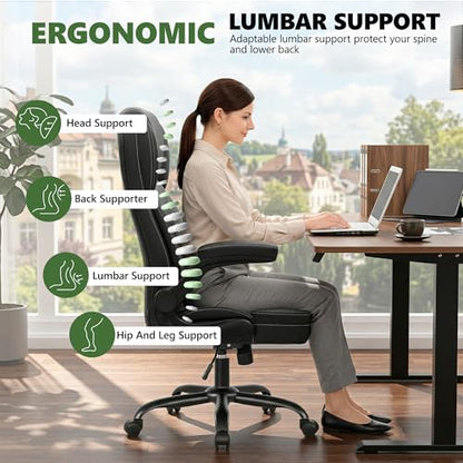 Leather Office Chair with Flip Up Arms, 360° Swivel Ergonomic Desk Chair with Wheels, Adjustable Height Computer Chair with Padded Seat for Home Office, Study,Gaming Room, Black - color: Black