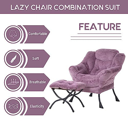 Lazy Chair with Ottoman, Comfy Accent Reading Chair, Plush Purple | Foldable Footrest,Removable Cover,with Armrests and Side Pockets,Upholstered Lounge Chair for Bedroom,Dorm,Office,Small Space - color: Plush Purple