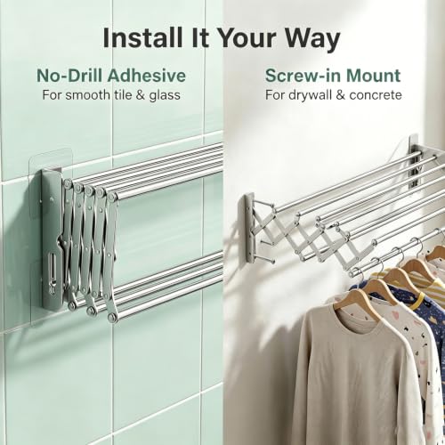 Wall Mount Drying Rack for Laundry Room, Retractable Stainless Steel Towel Bar, Collapsible Accordion Clothes Dryer, Space Saving Wall Mounted Laundry Rack for Bathroom, Balcony & RV