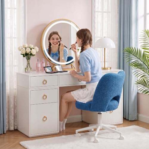 DurayLoly Vanity Chair with Wheels,Soft Teddy Fabric 6" Thick Cushion, Height Adjustable 17.5"–21.5", Open Back, 360° Swivel for Vanity Table, Home Office Dark Blue - color: Dark Blue