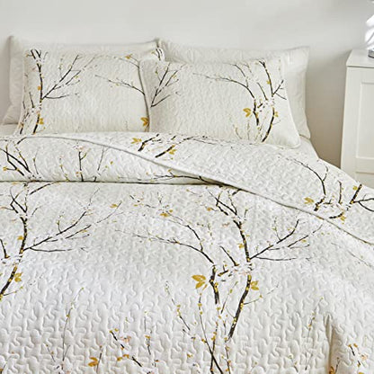 Quilt Set Queen Size Cream White with Black Branch Bedding Set 88x88 Soft Microfiber Lightweight Coverlet Bedspread Summer 3 Pc Bed Cover for (1 Quilt+ 2 Shams) - color: Cream, size: Queen(88x88)