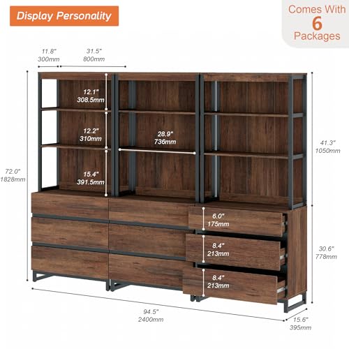 WAMPAT 3 PCS Modern 72" Tall Bookshelf with 6 Drawers and Open Book Shelves, Library Bookcase with Storage Cabinet and Metal Base, Wood Freestanding Bookshelves for Home Office, Living Room, Brown - color: Brown-b, size: 3 PCS
