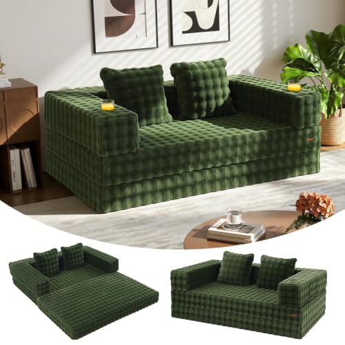 COMAX Futon Sofa Bed, Convertible Sofa Bed, Folding Boneless Couches | Low-Profile Boneless Couch for Living Room, 11.8" H Low Seat Small 59" Foldable Floor Sleeper Mattress Lounge Space‑Saving - color: Green Bubble, size: 59"