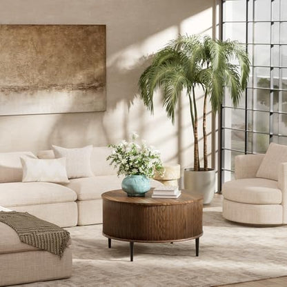 31.5" Round Coffee Table with Storage,Fluted Lift Top Center Table, Midcentury Modern Flip-top Curved Table for Living Room,Walnut
