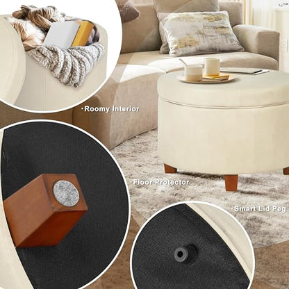 HomePop Round Leatherette Storage Ottoman with Lid, Ivory Large - color: Cream Faux Leather