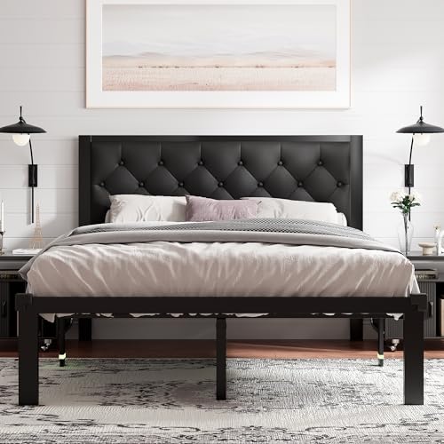 Feonase Full Size Metal Bed Frame with Faux Leather Button Tufted Headboard, Heavy-Duty Platform Bed Frame with 12" Storage, Steel Slats Support, No Box Spring Needed, Noise Free, Matte Black - color: Matte Black, size: Full