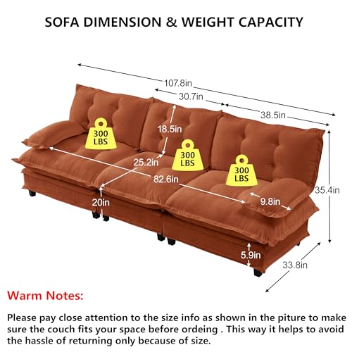 107.8" Modular Sectional Sofas for Living Room,Roomy Tufted 3 Seater Cloud Couch with Deep Seat,Modern Comfy Chenille 3 Seat Cloud Sofa for Bedroom,Apartment - color: Orange, size: 3 Seater