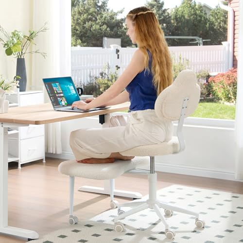 Cross Legged Office Chair with Wheels, Meditation Chair, ADHD Chair for Adults, Wider Height Adjustable Backrest and Seat, Yoga Office Chair, Teddy Fabric, Off White - color: Teddy Fabric Beige, size: Cloud Lounge