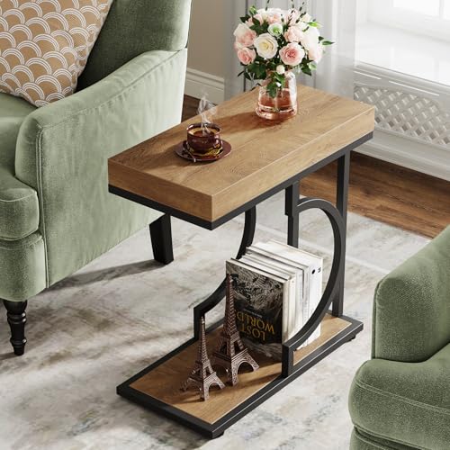 Tribesigns Narrow Side Table C Shaped End Table Modern Bedside Tables for Couch, Small Sofa Chairside Tables with Metal Frame for Living Room (2, Natural+Black) - color: Natural+black