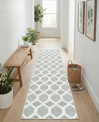 Rugs.com - Sabrina Soto Casa Rug – 12 Ft Runner Green Cotton Textured Runner – Modern Geometric Design, Soft High-Low Pile for Hallways and Entryways - color: Green, size: 2'7" x 12' (Runner)