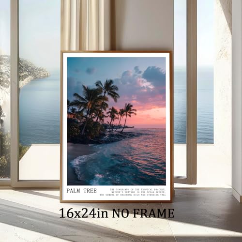 Pink Palm Tree Canvas Wall Art Coconut Tree Painting Tropical Plant Artwork Coastal Botanical Prints Pink Sky Poster Sunrise Sunset Picture Cute Preppy Summer Pictures for Home Room 16x24in Frameless - color: C5Unframed