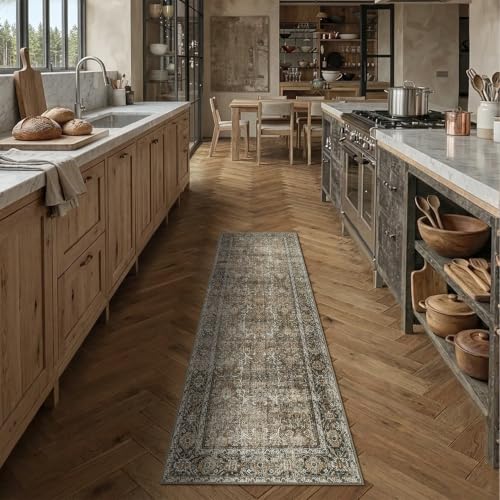 Brown Runner Rug 2x6 Vintage Traditional Distressed | Washable, Non Slip, Soft Low Pile, Hallway Carpet for Kitchen, Entryway, Laundry Room, Farmhouse Decor - color: Accent Brown, size: 2' x 6' (Runner)