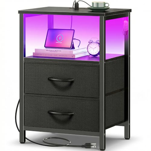 Huuger Night Stand with Charger Station and LED Lights, 2 Drawer Nightstand | Bed Side Table with Open ShelfEnd TableFabric Drawers for Bedroom, Black - color: Black, size: 11.8"D x 15.7"W x 23.6"H（2 Drawers）