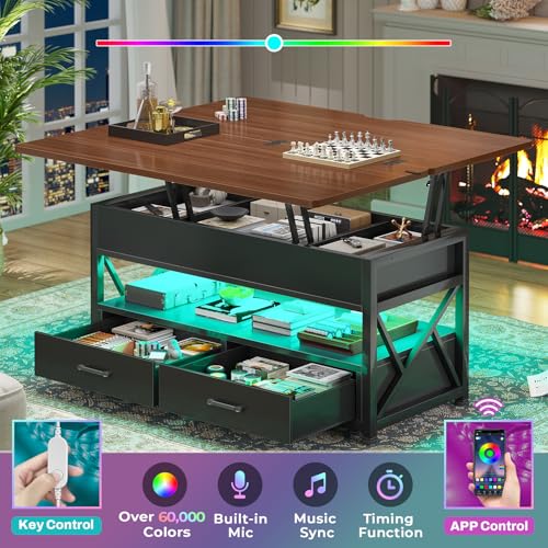 Itaar 40" Lift Top Coffee Table, 4 in 1 White Coffee Tables with Storage for Living Room, Small Coffee Table with 2 Drawers & LED Light for Dining Room, Black+Brown - color: Black+brown