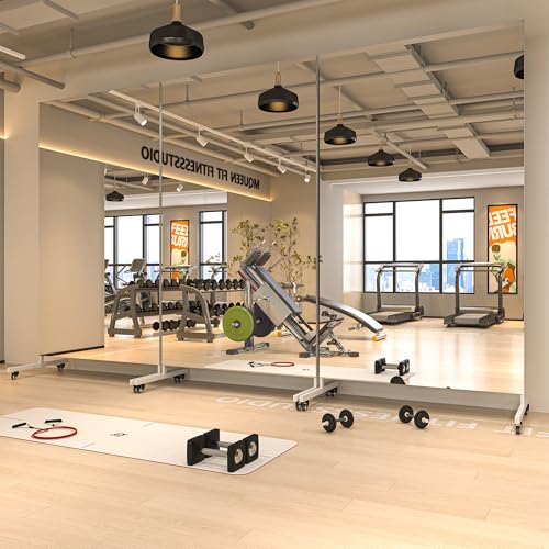 Hasipu 79" x 40" Full Length Floor Mirror on Wheels, White | Tempered glass, sturdy metal frame, smooth rolling casters, removable stand, ideal for gym, bedroom, dance studio & yoga. - size: 79"L x 40"W