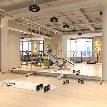 Hasipu 79" x 40" Full Length Floor Mirror on Wheels, White | Tempered glass, sturdy metal frame, smooth rolling casters, removable stand, ideal for gym, bedroom, dance studio & yoga. - size: 79"L x 40"W