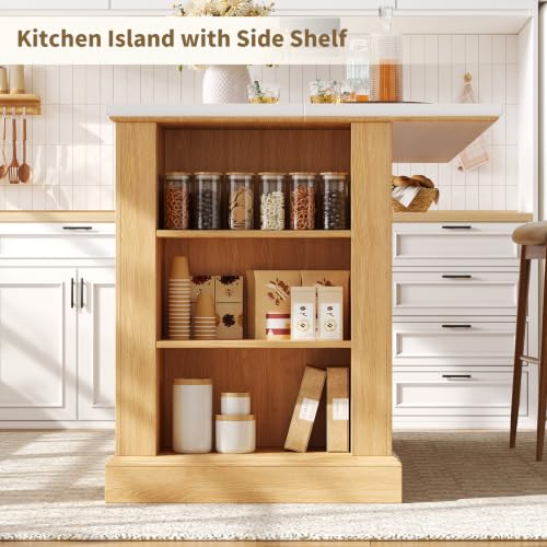 63" Kitchen Island with Storage, Farmhouse Stationary Island Table with 6 Drawers & Open Shelves, Heat-Resistant Countertop Storage Cabinet for Kitchen, Natural