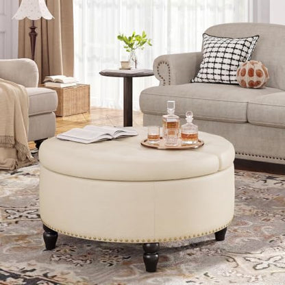 FiveWillowise 30 Inch Large Round Ottoman with Storage Circular,Cream White | Leather Coffee Table with Lift Top,Modern Upholstered Button Tufted Footrest Stool Solid Wood Legs for Living Room,Bedroom - color: Cream White
