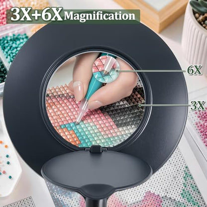 3X+6X Magnifying Glass with Light and Stand, Dimmable LED Magnifying Lamp | Flexible Gooseneck, Hands Free Magnifier, Magnification Lamp for Elderly Craft Hobby Painting Sewing Close Work,Weighted Base - color: Black