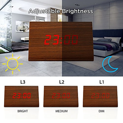 Digital Alarm Clock Wooden Alarm Clock Wood Modern Triangle Alarm Digital Desk Clock, Displays Time Date Temperature Calendar Wood Made Electric Clocks for Bedroom, Bedside - Brown - color: Brown