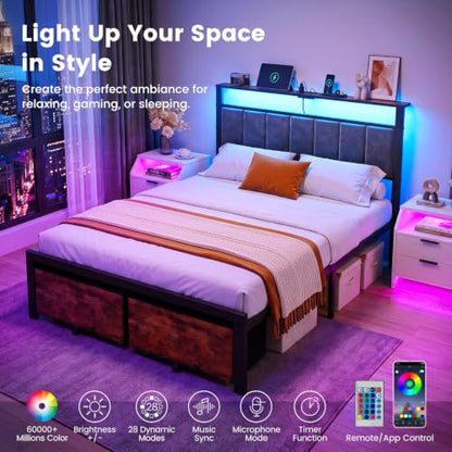 Full Size Bed Frame with Upholstered Headboard and 2 Storage Drawers | Metal Platform Bed, Smart LED Lights, Charging Station, Noise Free, No Box Spring Needed, Easy Assembly - size: Full