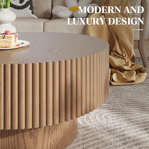 YOUDENOVA 43.7” Oval Coffee Table, Modern Wood Fluted Coffee Table for Living Room, Veneer Handcrafted Relief Center Table with Sturdy Pedestal，Easy Assembly - Walnut - color: 43.7" Brown-oval