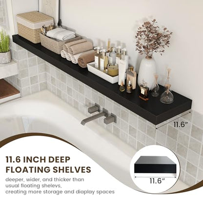 72 Inch Floating Shelf, 12'' Deep Black Shelves for Wall Set of 1 | Invisible Brackets, Engineered Wood, Mounting Hardware Included, 60LBS, Bathroom, Laundry Room, Kitchen, Living Room - color: Black, size: 72W x 11.6D x 2H, 1 Pack
