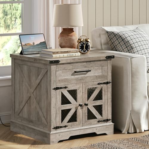 Farmhouse End Table with Charging Station, 24" Large Sofa Side Table with Drawer, Large End Table for Living Room, Wooden Nightstand with Outlet, Square, Greige - color: Greige