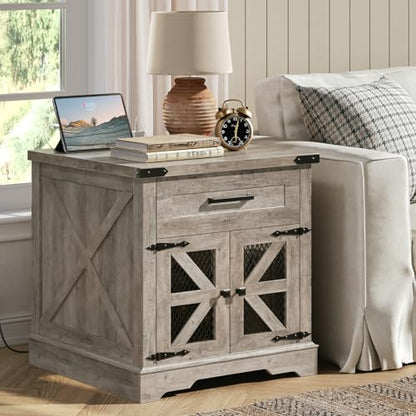 Farmhouse End Table with Charging Station, 24" Large Sofa Side Table with Drawer, Large End Table for Living Room, Wooden Nightstand with Outlet, Square, Greige - color: Greige