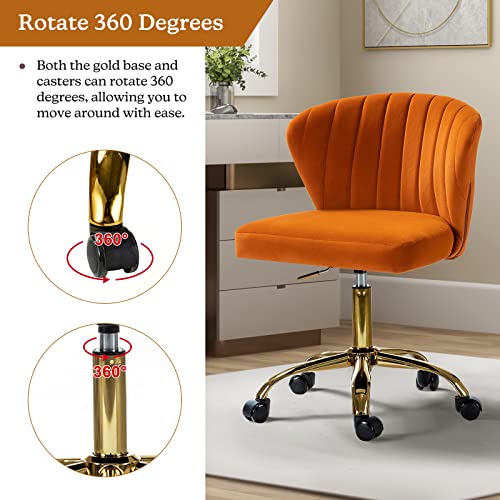TINA'S HOME Office Desk Chairs with Wheels & Gold Base, Modern Velvet Cute Armless Office Chair, Adjustable Low Back Swivel Rolling Chair, Upholstered Task Chair for Living Room Vanity Study-Orange | Modern Velvet Cute Armless Office Chair, Adjustable Low