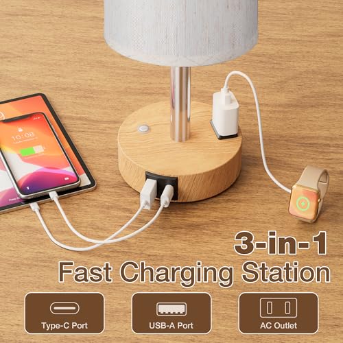 Touch Bedside Table Lamp for Bedroom, Stepless Dimmable, USB A+C, AC Outlet | Base Touch Button Only, Memory Brightness, Ultra-dim Night Light, Included Bulb for Optimal Dimming, Wood Grain Base, Nursery - color: Beige & Wood Grain