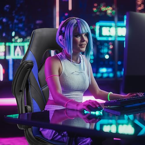 Sweetcrispy Computer Desk Chair, Lumbar Support Video Game Chair PU Leather | PU Leather Flip-up Armrest, Height Adjustable, 360 Swivel for Adults, Black Blue - color: Black Blue