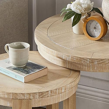 24" Round Nesting Coffee Table Set of 2, Solid Wood Coffee Tables Mid Century Rustic Farmhouse Side End Tea Table for Living Room, Apartment (Oak) - color: 24" Oak