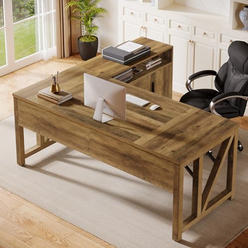 Tribesigns L Shaped Desk with Drawer Cabinet, 63" Executive Computer Desk and lateral File Cabinet, 2 Piece Home Office Furniture with Drawers for Hanging, Door (Rustic Brown, 63 inches) - color: Rustic Brown, size: 63 inches