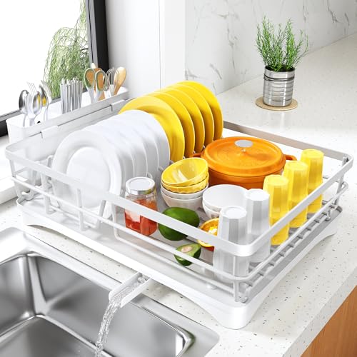 SNTD Dish Drying Rack for Kitchen Counter, 11.8" W x 16.7" L, White | Rustproof Stainless Steel, Large Capacity, Self-Draining Drainboard, Rotating Spout, Removable Utensil Holder - color: White
