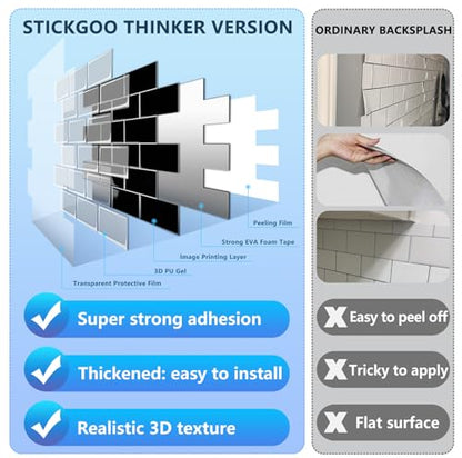 STICKGOO Subway Tile Peel and Stick Backsplash, Thicker Design 12" x 12" Stick on Backsplash Tiles for Kitchen, Bathroom, Wall Tile (10 Sheets, Black) - color: Black