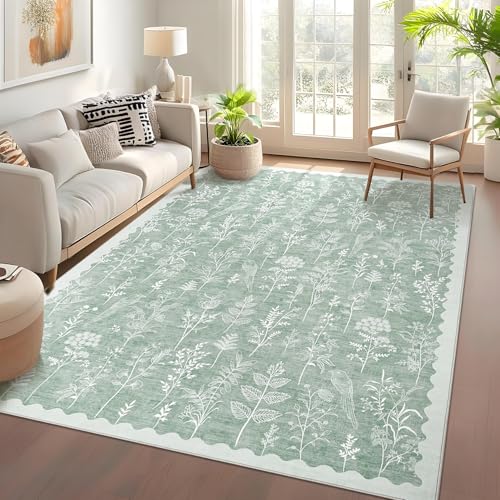 GarveeHome Washable 8x10 Area Rugs for Living Room Scalloped Floral Bedroom Rug, Non-Slip Stain Resistant Dining Table Carpet, Botanical Large Rug Neutral Carpet for Farmhouse Dorm Home Office, Green